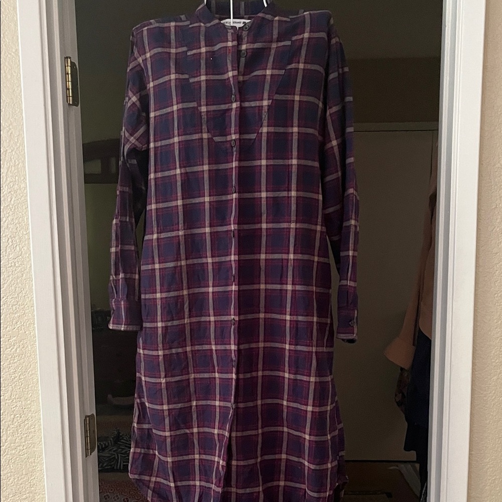 Uniqlo Navy and Pink Plaid Long Sleeve Dress